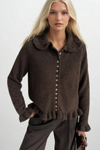 Ruffled Hem and Collar Knit Brown Cardigan