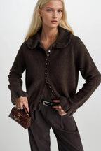 Ruffled Hem and Collar Knit Brown Cardigan