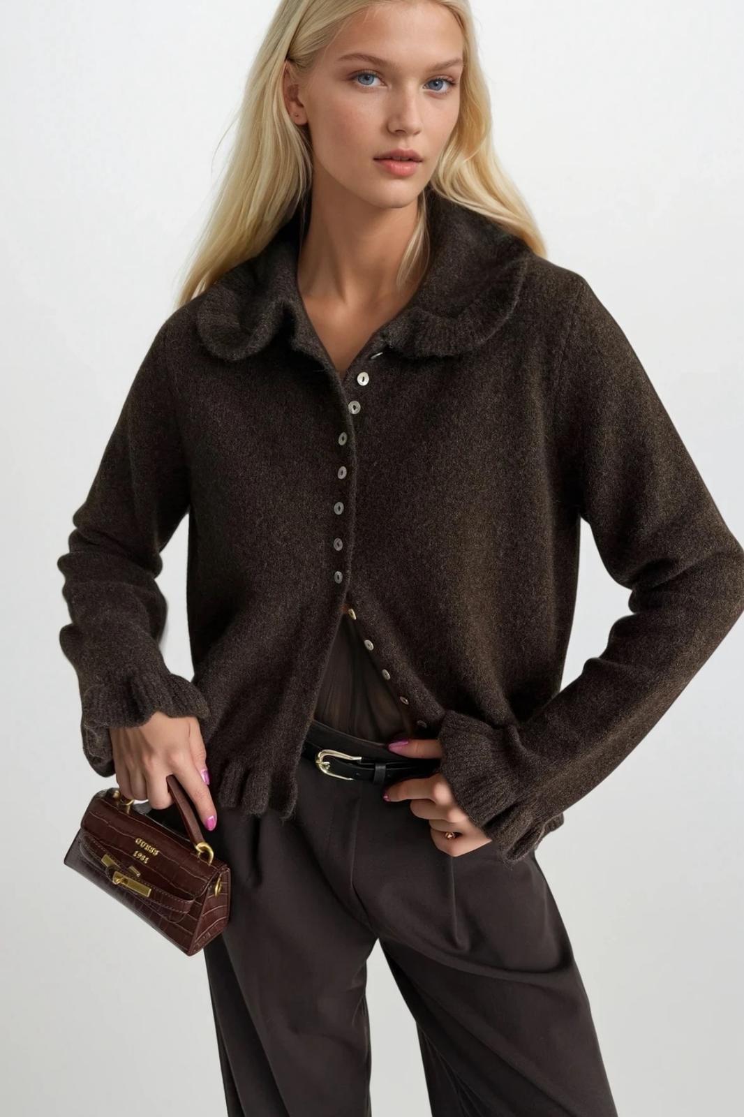 Ruffled Hem and Collar Knit Brown Cardigan