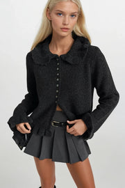 Knitted Black Cardigan with Skirt and Collar Ruffles