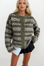 Ethnic Pattern Green Brushed Knit Cardigan