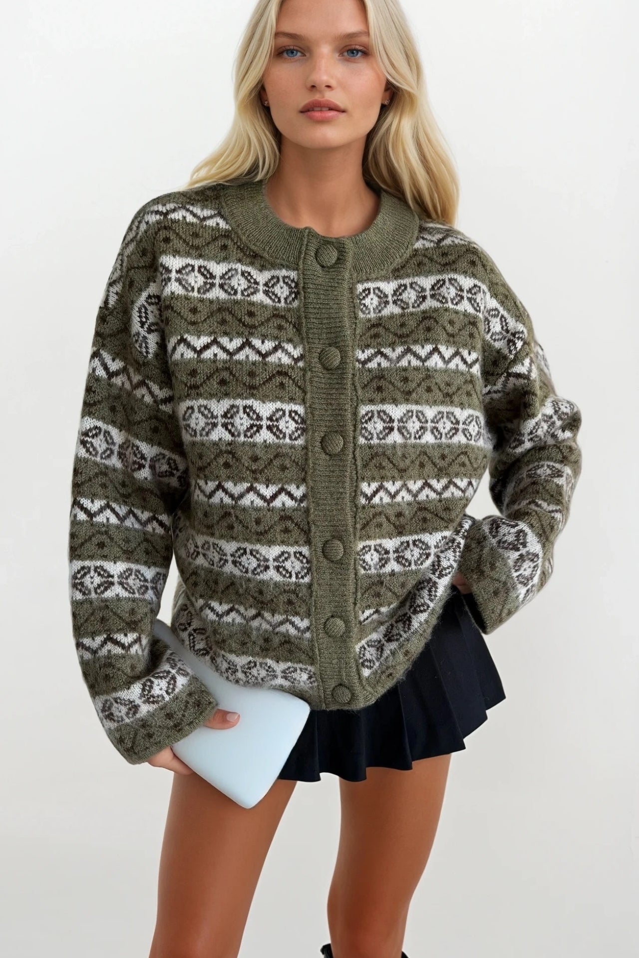 Ethnic Pattern Green Brushed Knit Cardigan