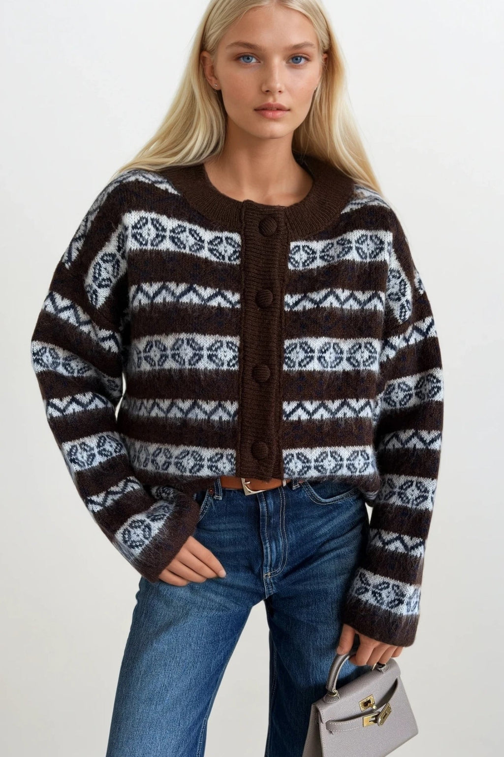 Ethnic Pattern Brown Brushed Knit Cardigan
