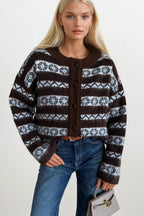 Ethnic Pattern Brown Brushed Knit Cardigan