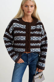 Ethnic Pattern Brown Brushed Knit Cardigan