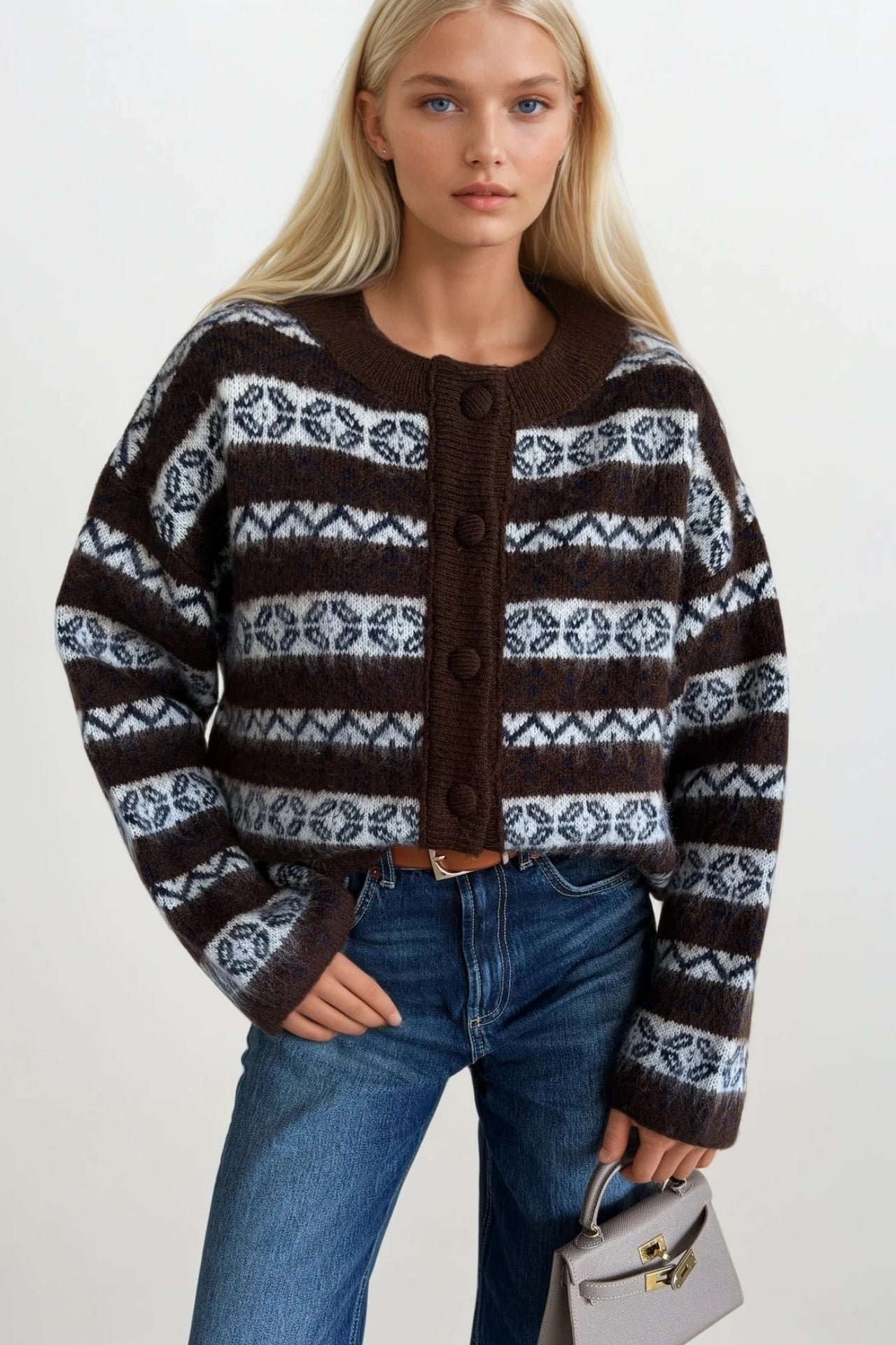 Ethnic Pattern Brown Brushed Knit Cardigan