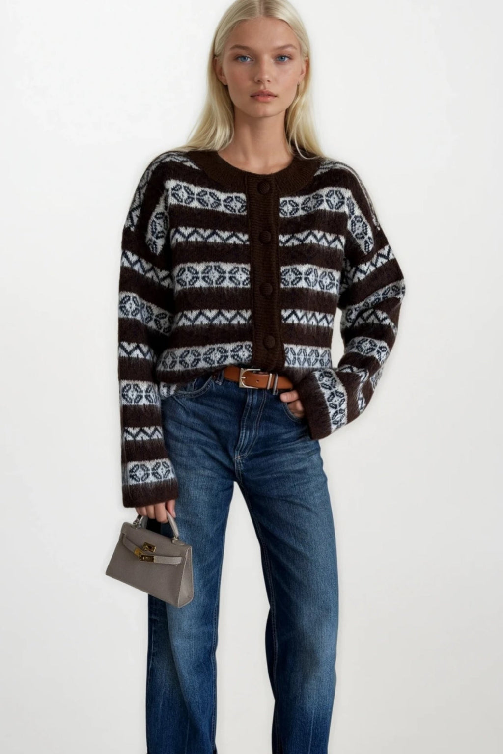 Ethnic Pattern Brown Brushed Knit Cardigan