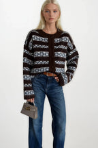 Ethnic Pattern Brown Brushed Knit Cardigan