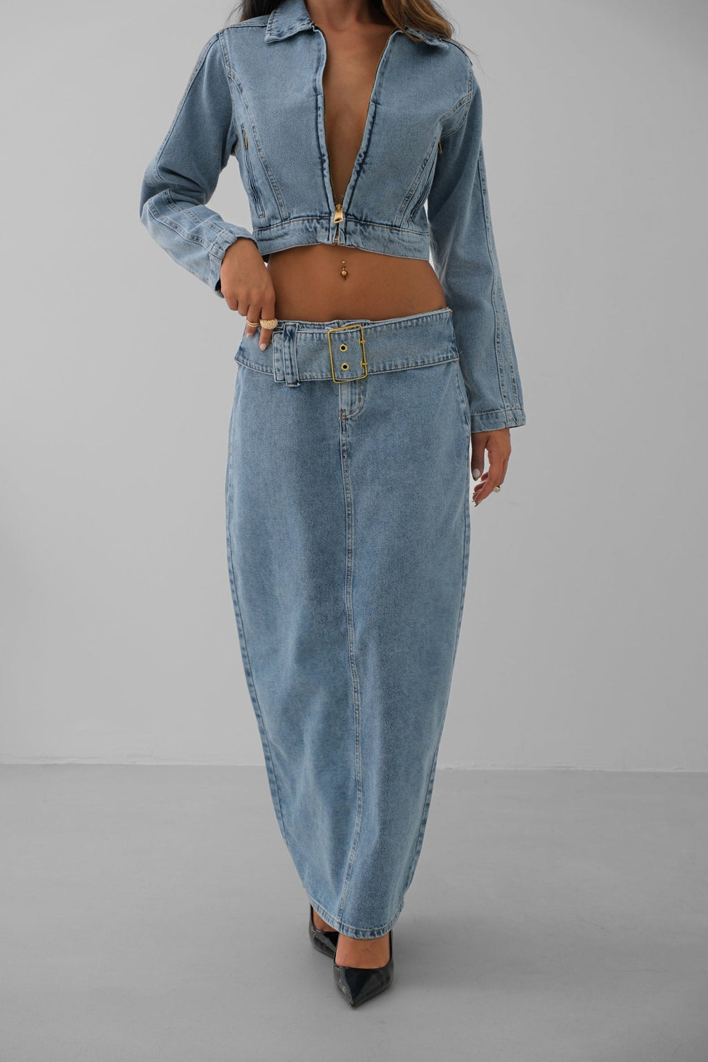 Zipper Detay Light Blue Denim Jacket