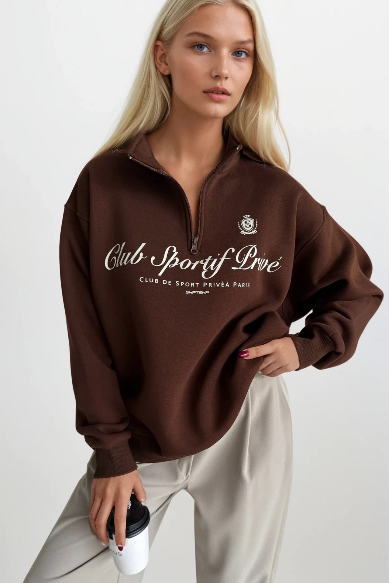 Zipper Detail Baskili Brown Sweatshirt