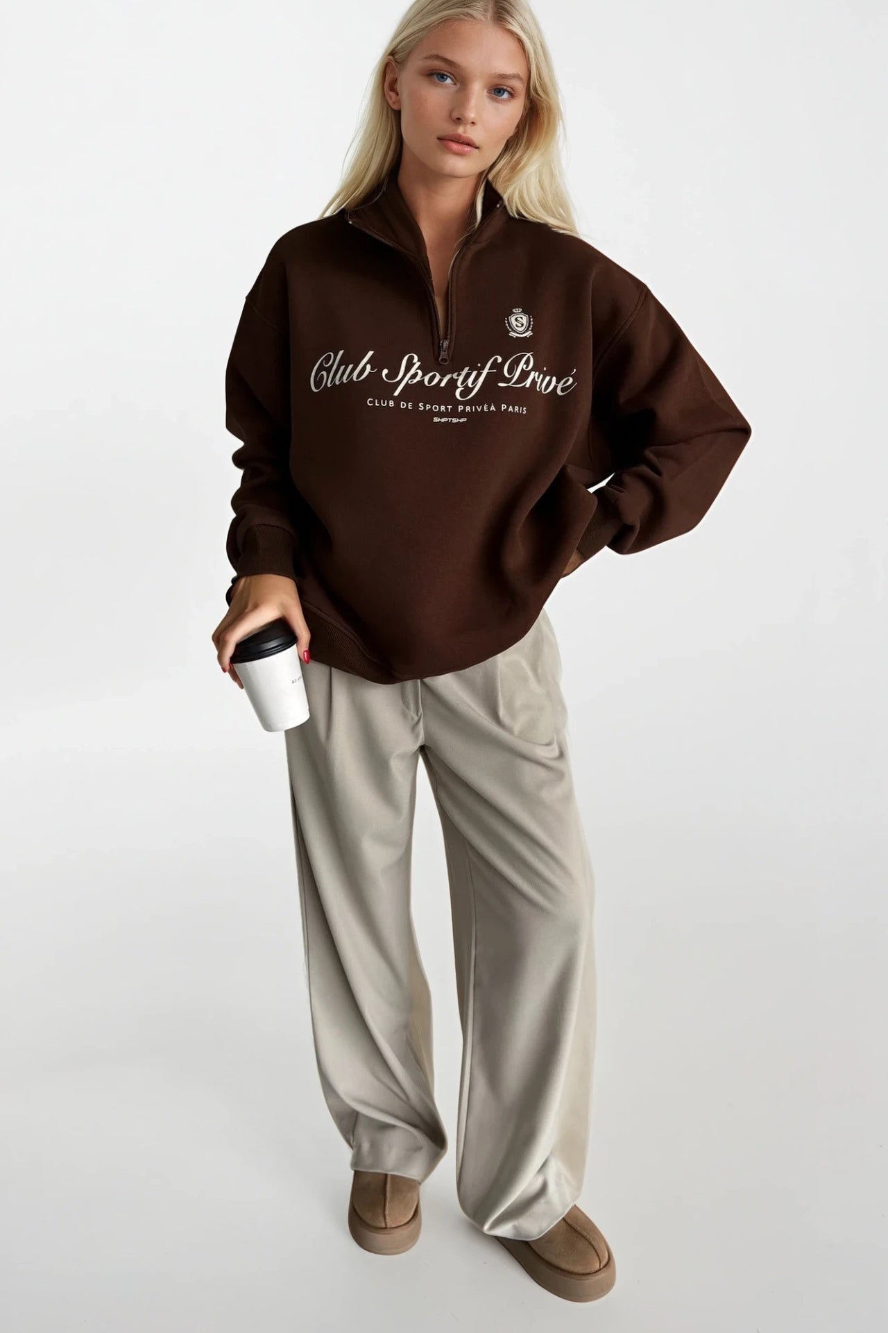 Zipper Detail Baskili Brown Sweatshirt