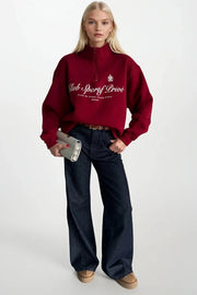 Burgundy Printed Sweatshirt with Zipper Detail