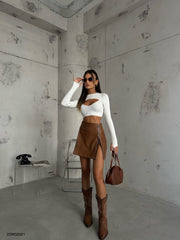 Zipper Detail Brown Leather Mini Skirt