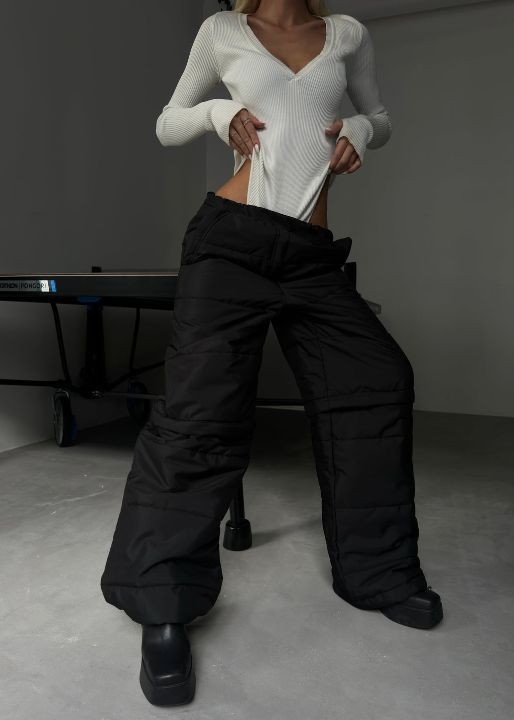 Zipper Detail Quilted Black Pants