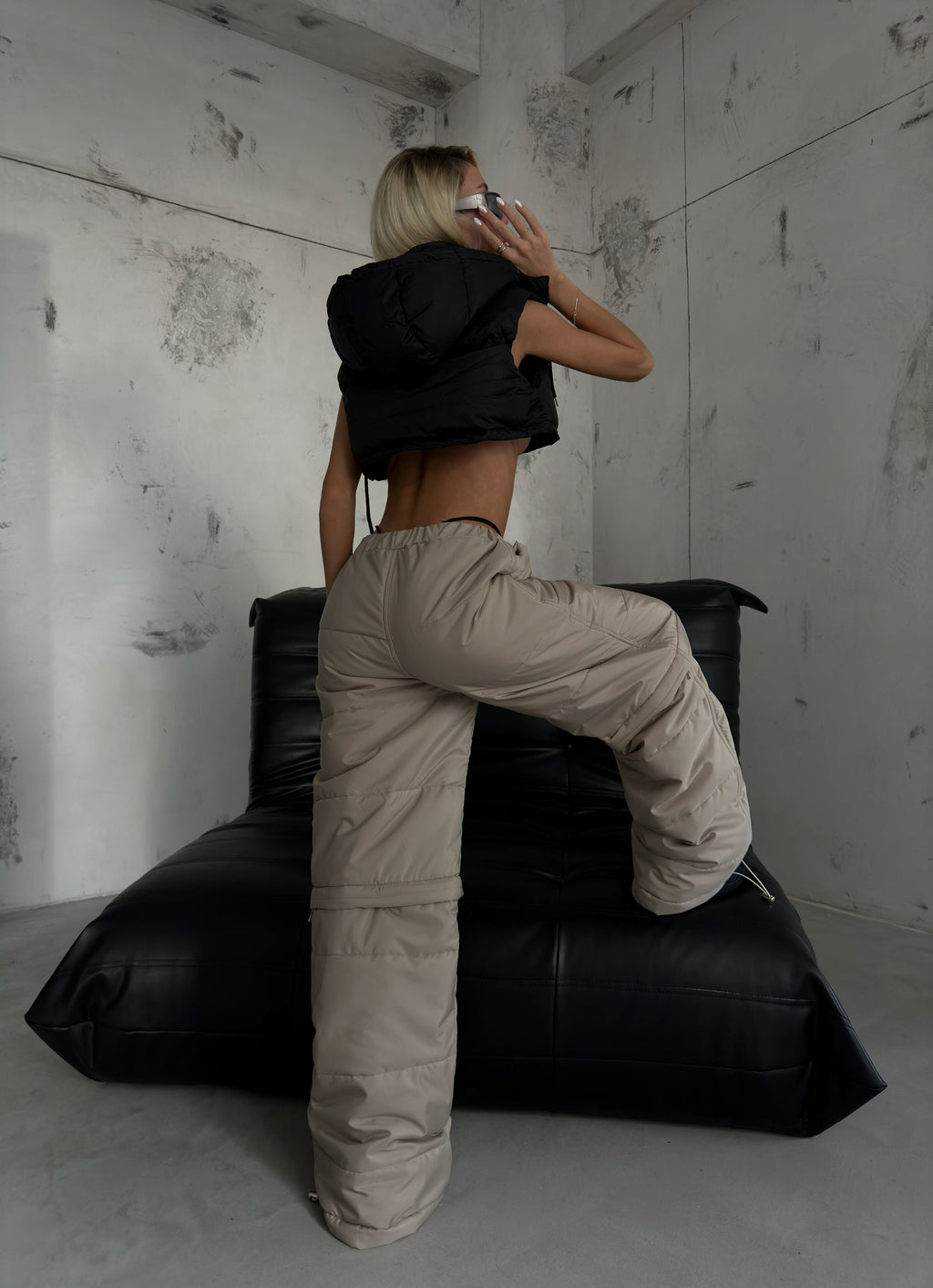Zipper Detail Beige Quilted Pants