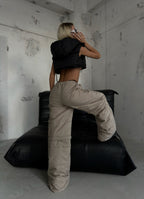 Zipper Detail Beige Quilted Pants