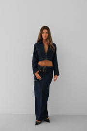 Zipper Detail Navy Blue Denim Jacket