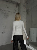 Zipper Detail White Knit Blouse
