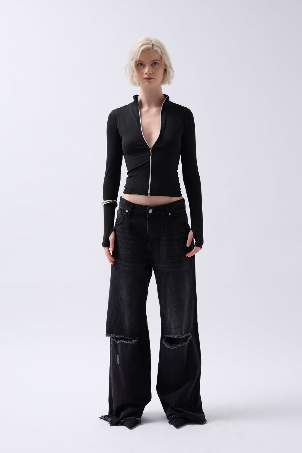 Zipper Detail Black Blouse