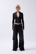 Zipper Detail Black Blouse