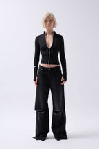 Zipper Detail Black Blouse