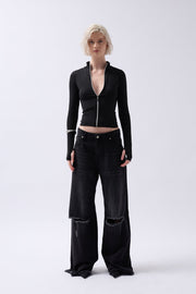 Zipper Detailed Black Blouse