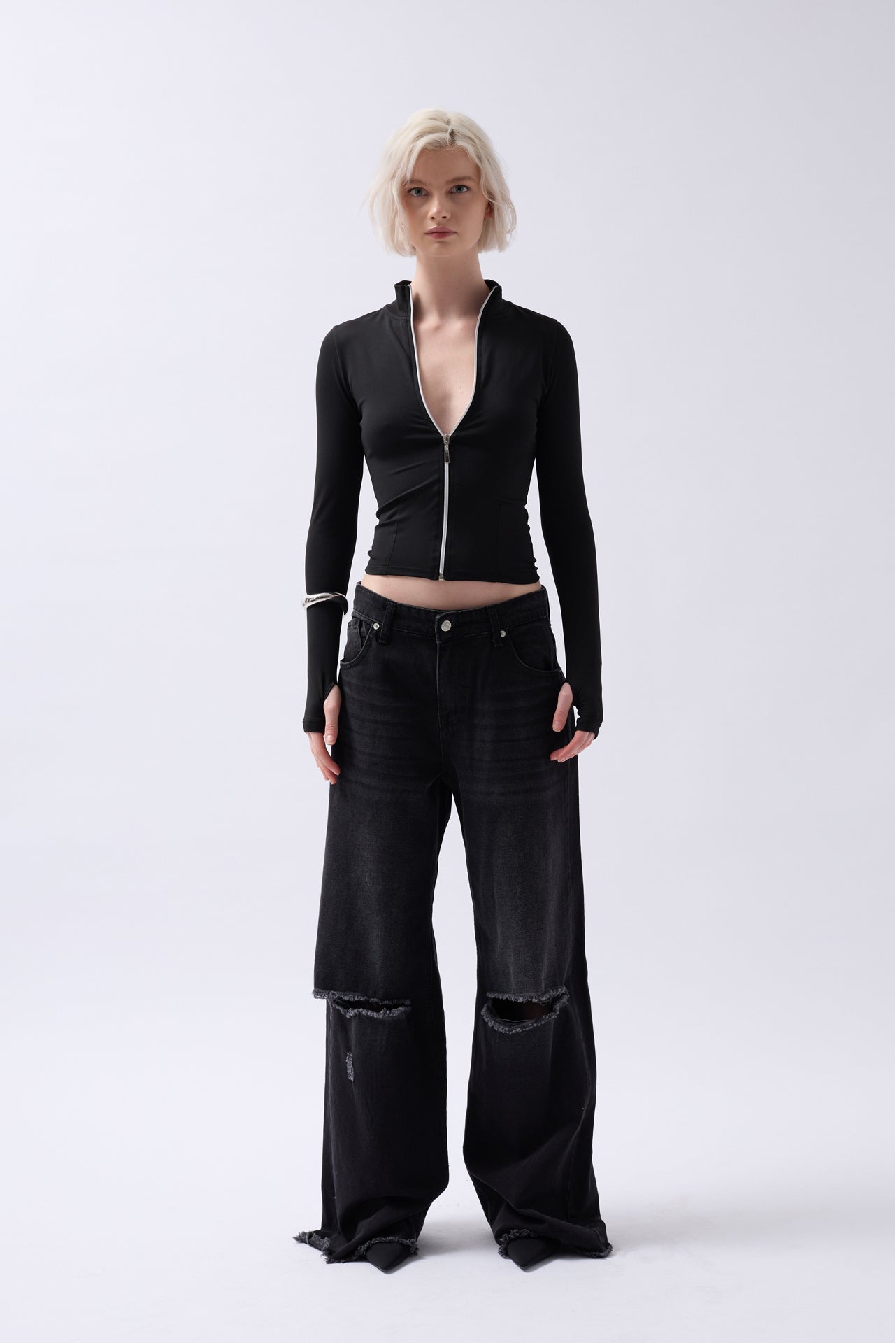 Zipper Detail Black Blouse