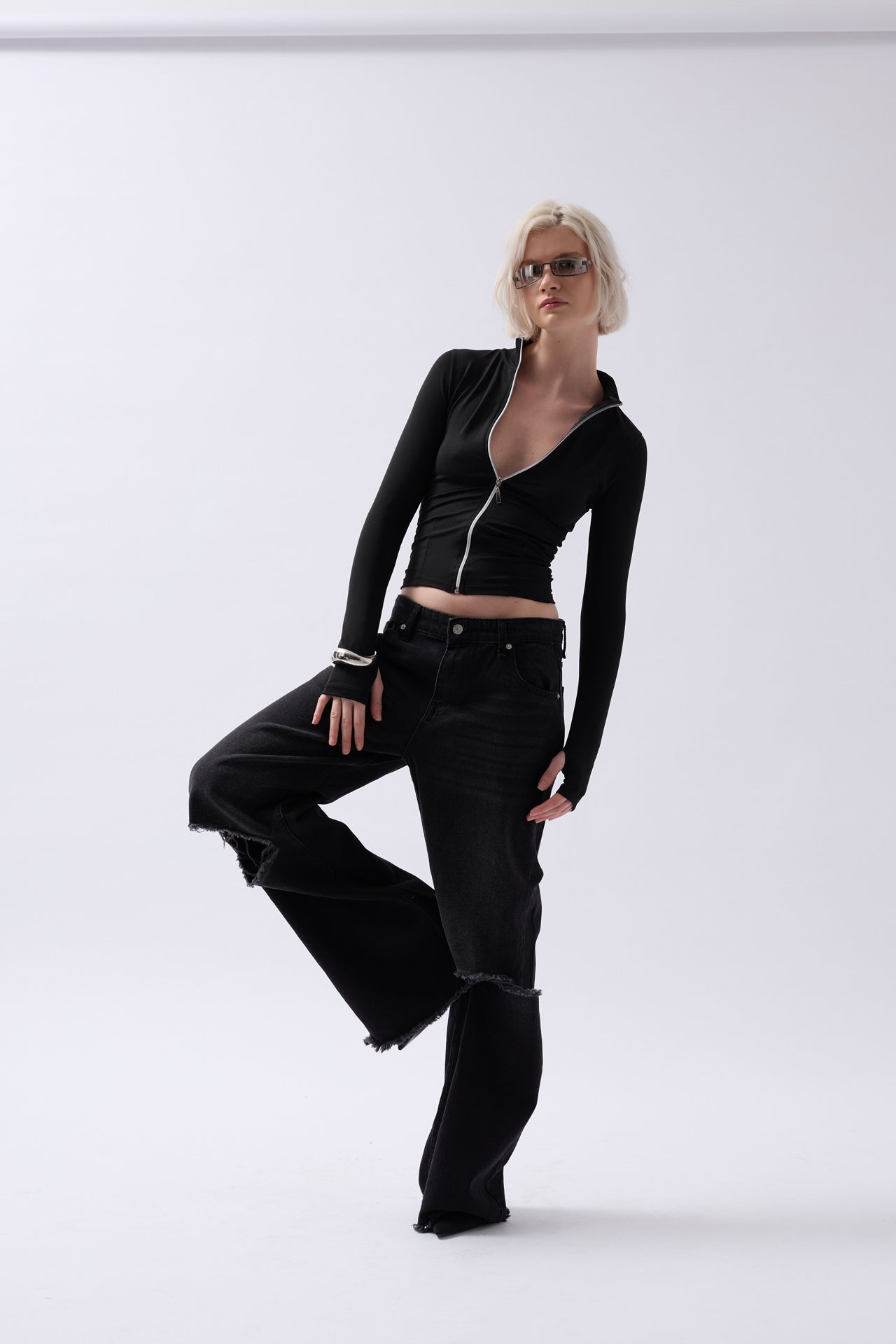 Zipper Detail Black Blouse