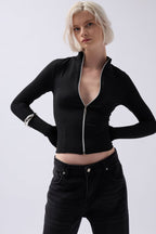 Zipper Detail Black Blouse