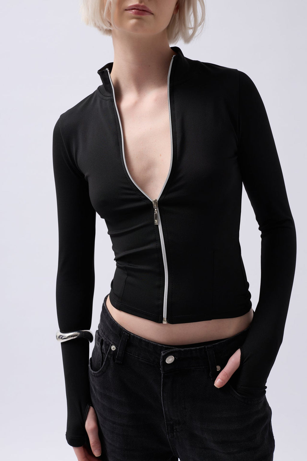 Zipper Detail Black Blouse