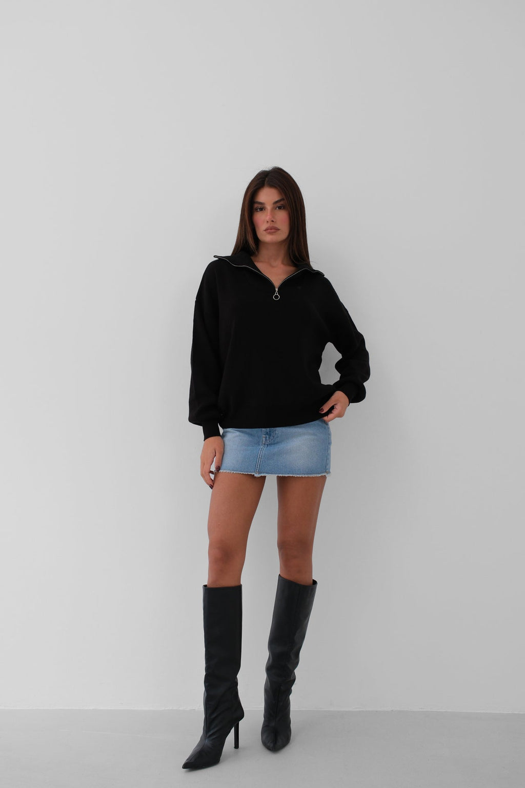 Zip-Up Oversize Black Knit Sweater