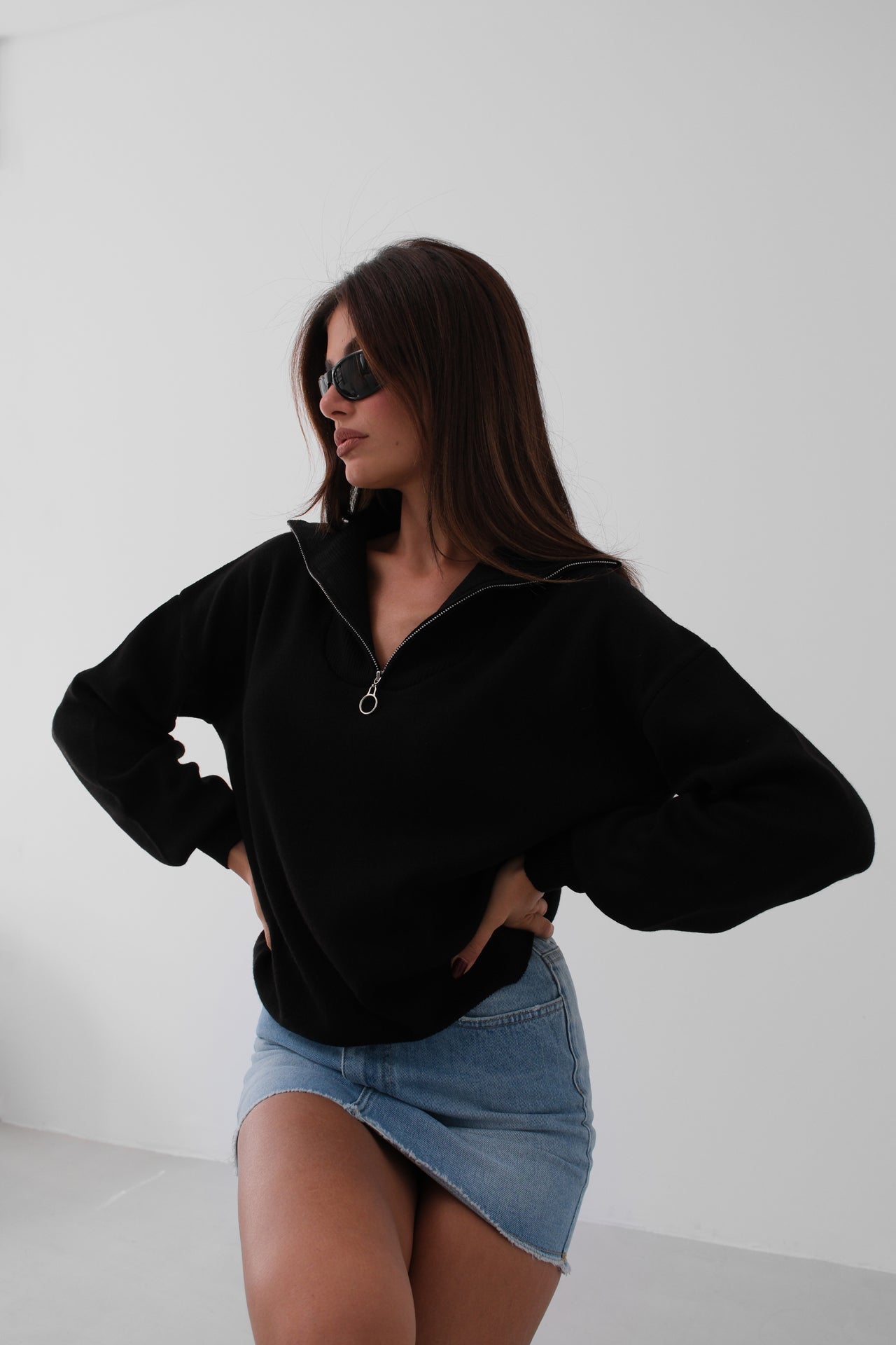 Zip-Up Oversize Black Knit Sweater