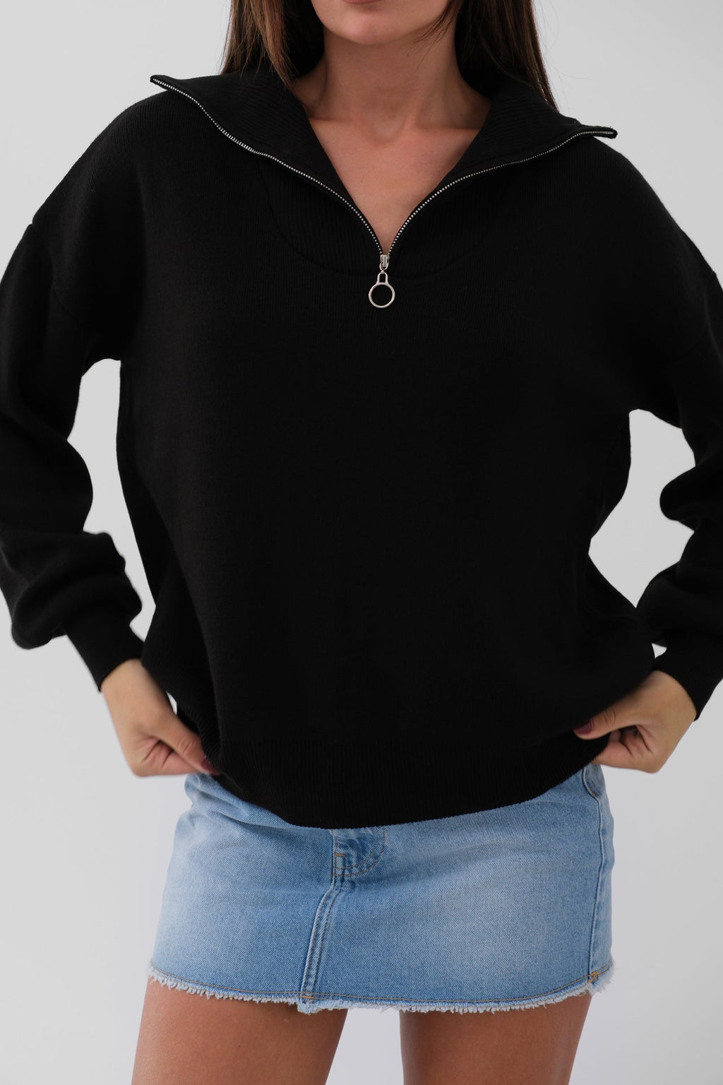 Zip-Up Oversize Black Knit Sweater