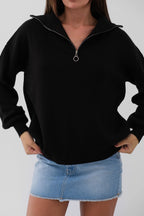 Zip-Up Oversize Black Knit Sweater