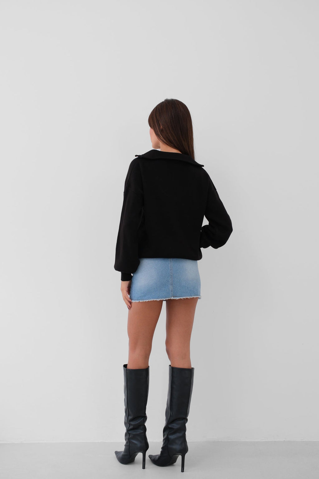Zip-Up Oversize Black Knit Sweater