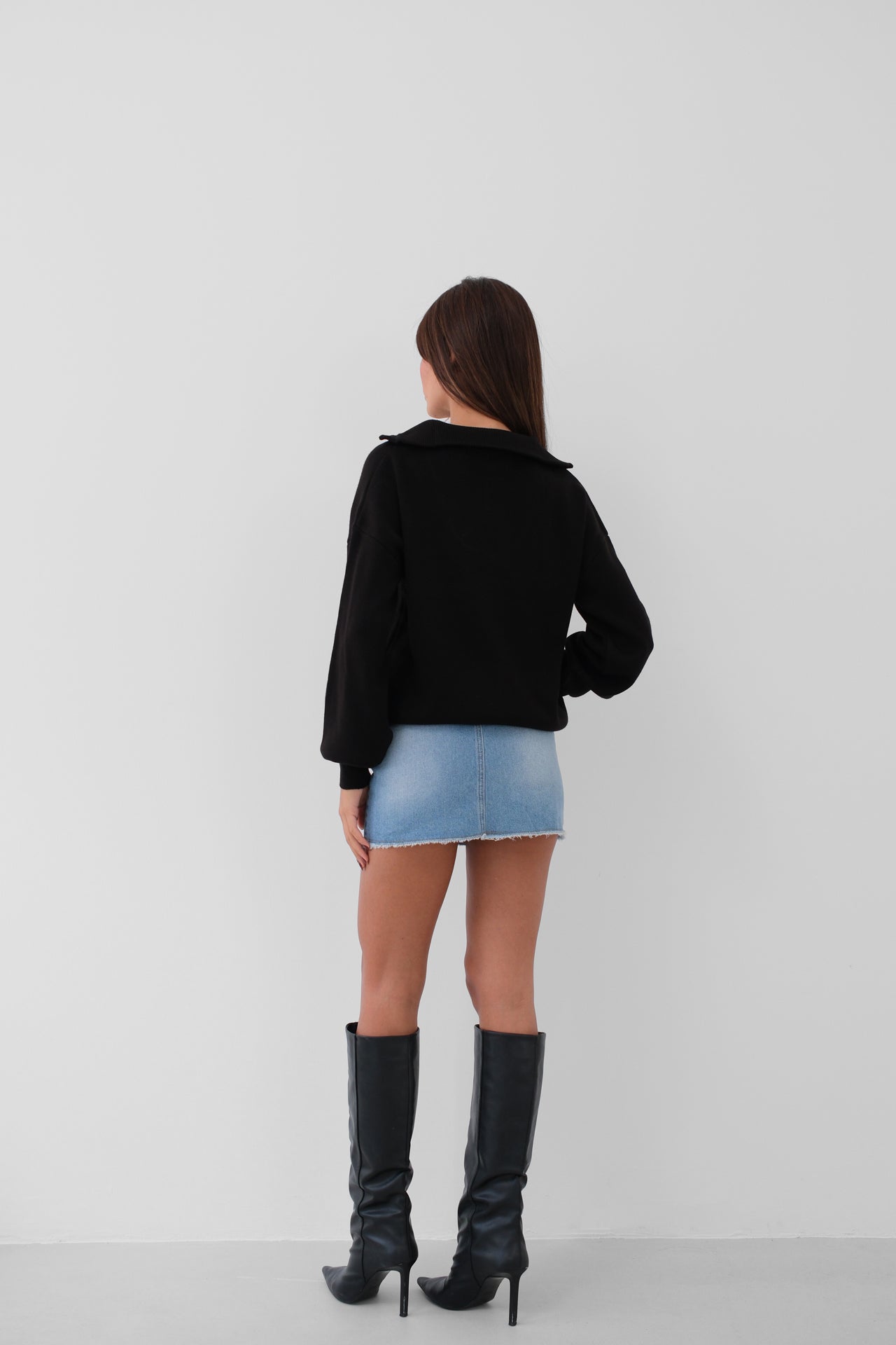 Zip-Up Oversize Black Knit Sweater