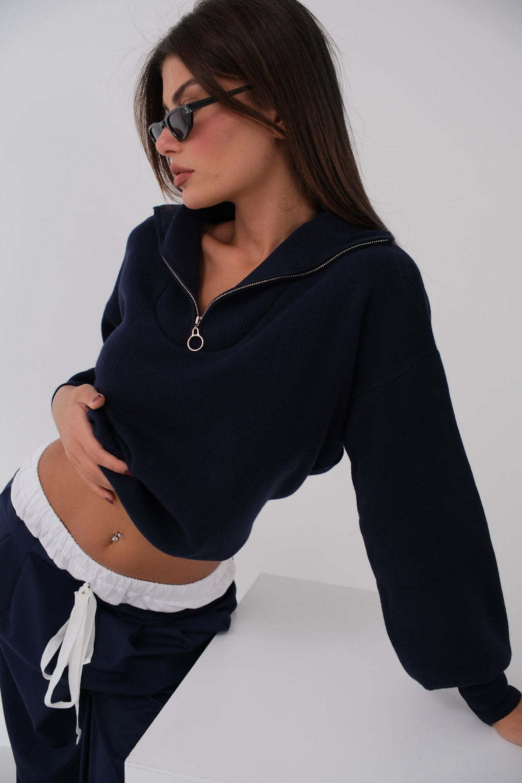 Zip-Up Oversize Navy Knit Sweater