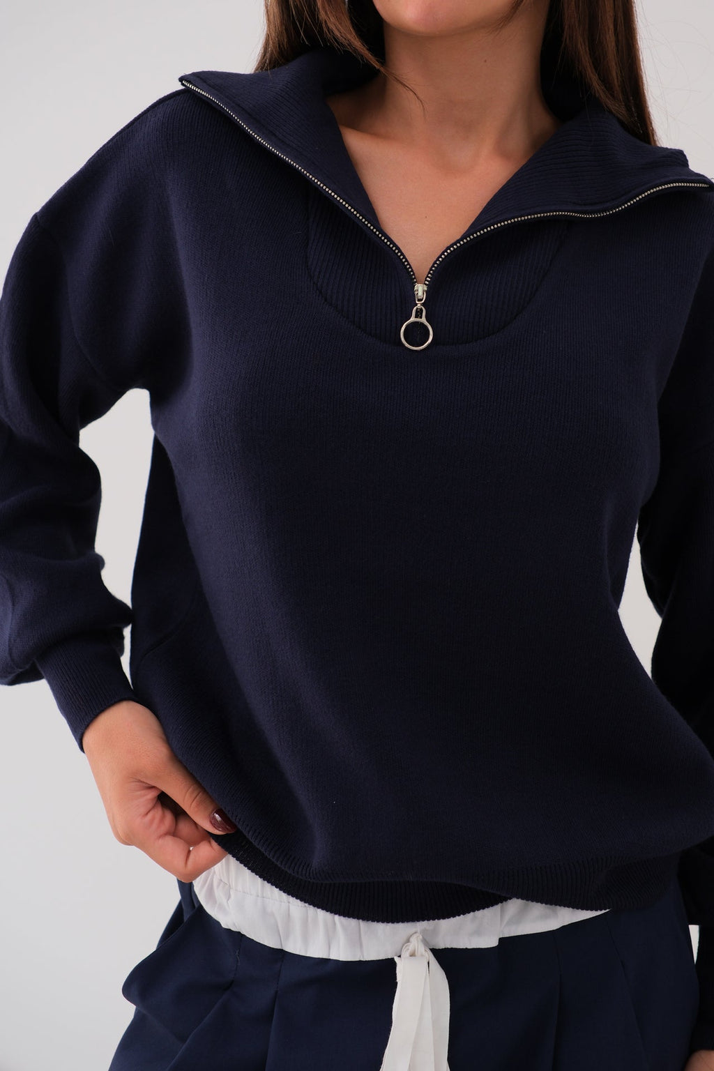 Zip-Up Oversize Navy Knit Sweater