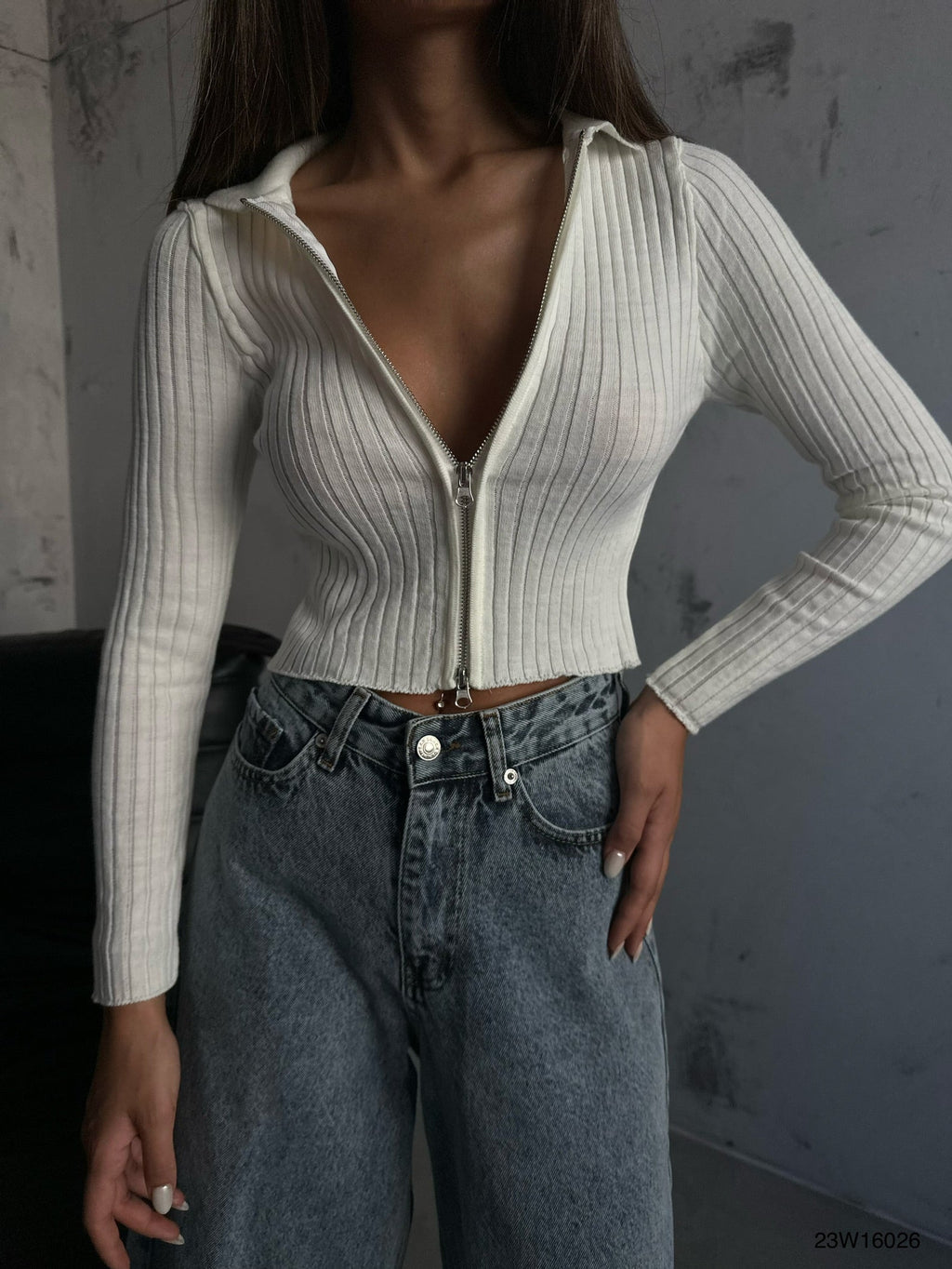 Zippered Polo Neck Ecru Knitwear Sweater