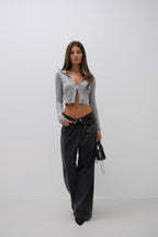 Zippered Polo Collar Gray Knit Sweater