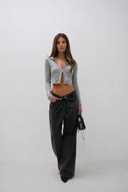 Zippered Polo Neck Gray Knitwear Sweater