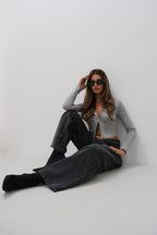 Zippered Polo Collar Gray Knit Sweater