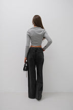 Zippered Polo Collar Gray Knit Sweater