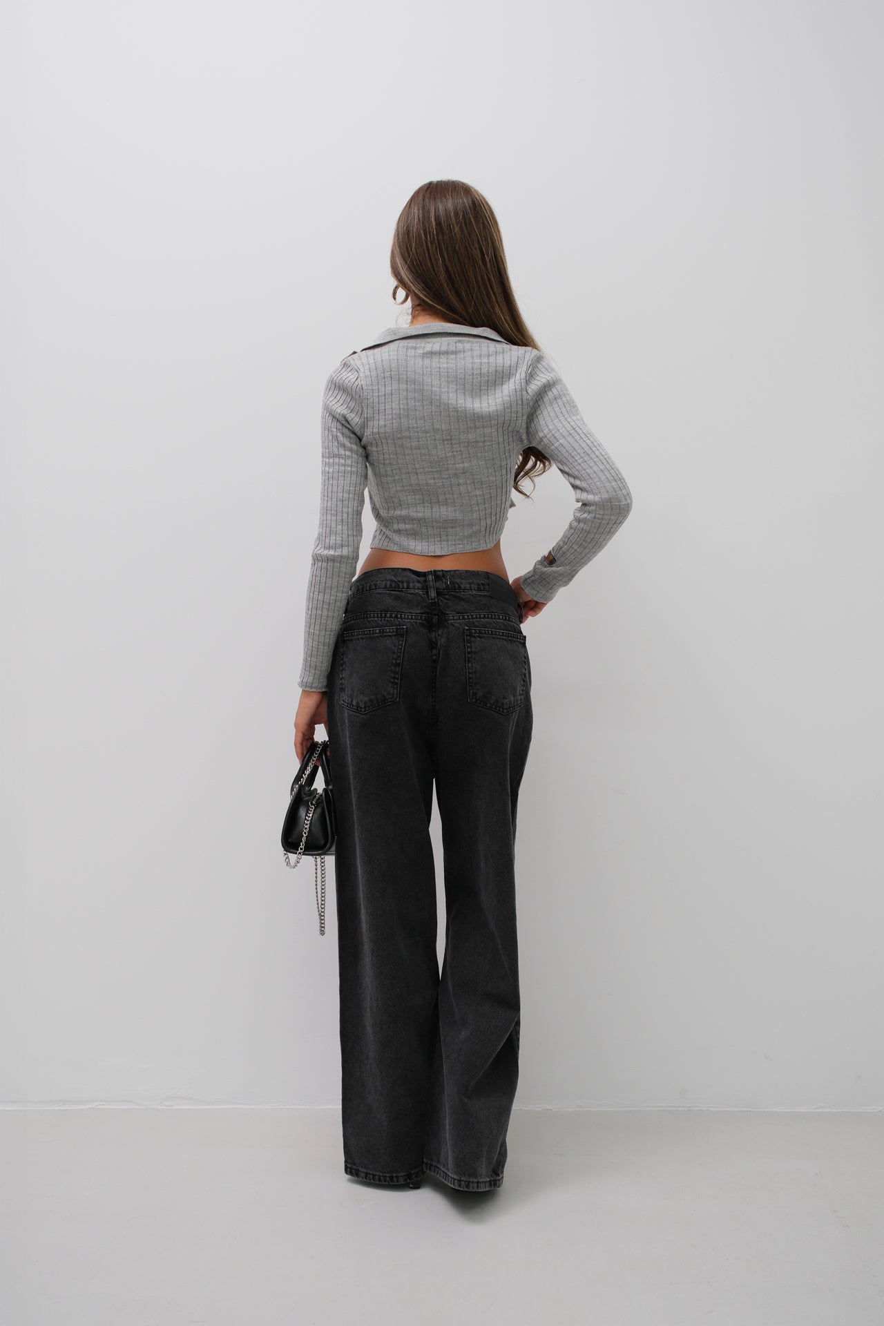 Zippered Polo Collar Gray Knit Sweater