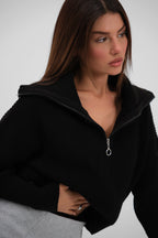 Zip-Up Polo Collar Black Cardigan