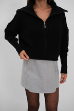 Zip-Up Polo Collar Black Cardigan