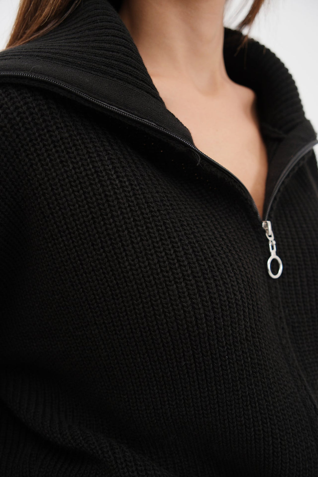 Zip-Up Polo Collar Black Cardigan