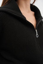 Zip-Up Polo Collar Black Cardigan