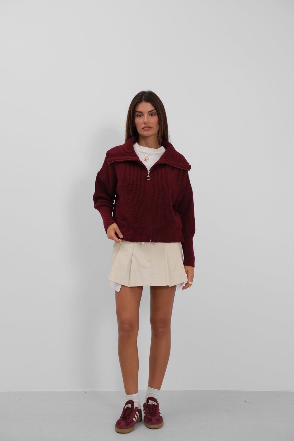 Zip-Up Polo Collar Burgundy Cardigan