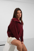 Zip-Up Polo Collar Burgundy Cardigan